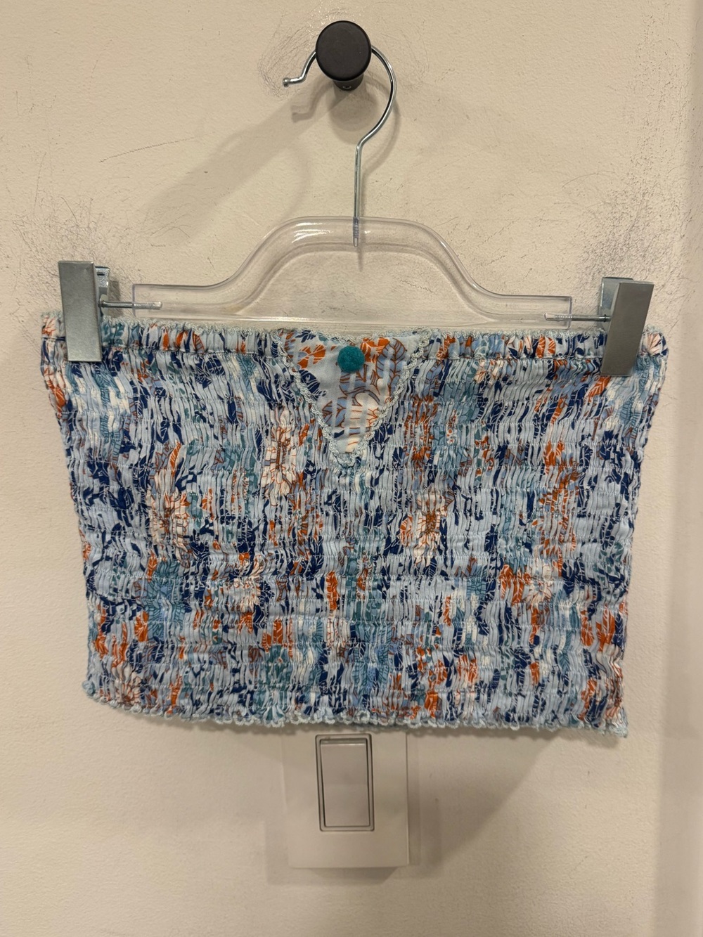Poupette St. Barth Blue, Navy & Orange Smocked Strapless Top